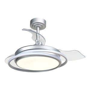 Ventoinha de teto led 3 pás retráteis antila mini 40w 4000lm prateada, pás ø92 cm, aplique ø40 cm, altura 38 - 48 cm
