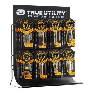 Expositor verdadeiro de 8 ganchos, metal preto, com 8 referências, 3 unidades de cada, total 24 unidades, 41 x 20 x 45 cm