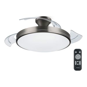 Ventoinha de teto de led modelo atlas. cor níquel. potência: 28+35w pás: ø106cm com comando