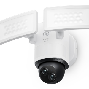Eufy Security Floodlight Camera E340 con cable, giro de 360° e inclinación, grabación ininterrumpida, Wi-Fi de doble banda, 2000 lúmenes, activada por movimiento, cámara doble, Compatível com HomeBase 3, almacenamiento local, sin cuota mensual